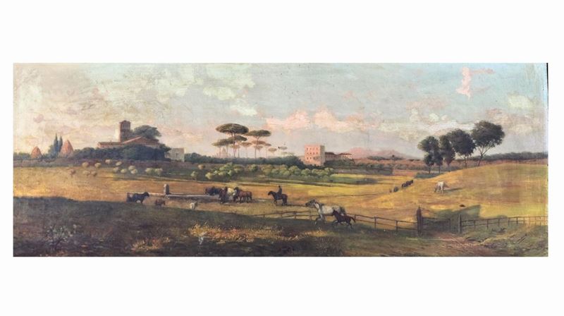 "Veduta della campagna romana con butteri e San Pietro sullo sfondo". Firmato. Dipinto ad olio su...