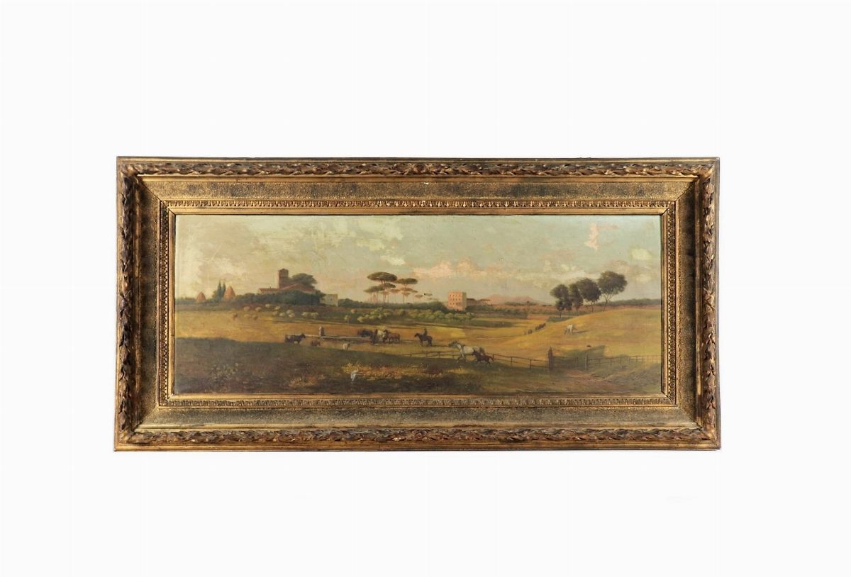 "Veduta della campagna romana con butteri e San Pietro sullo sfondo". Firmato. Dipinto ad olio su...