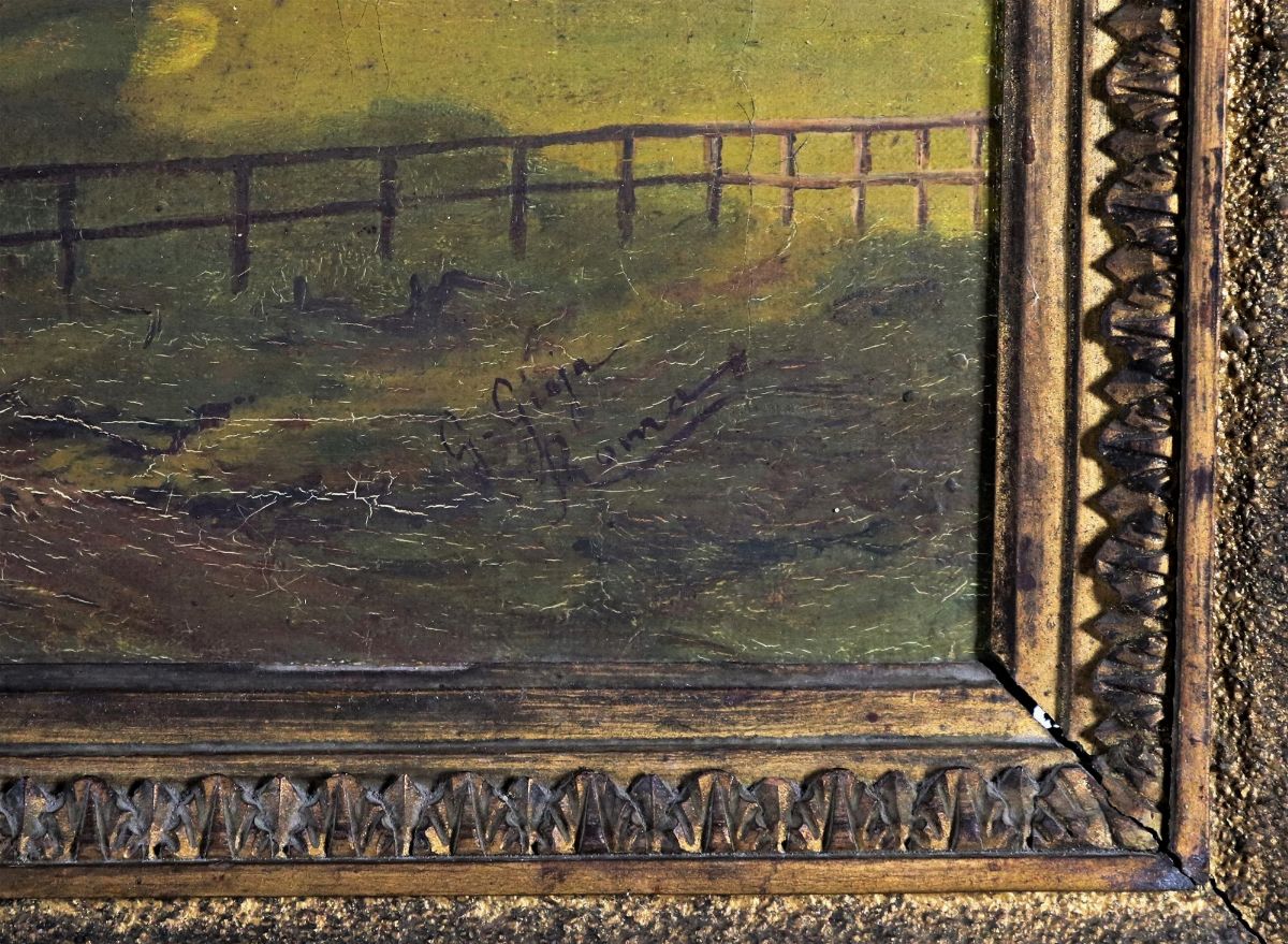 "Veduta della campagna romana con butteri e San Pietro sullo sfondo". Firmato. Dipinto ad olio su...