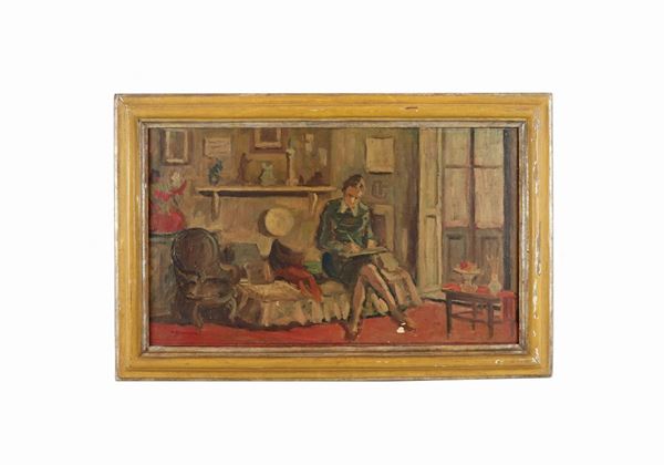 Achille Sdruscia - "Interno di salotto con ragazza". Firmato. Dipinto ad olio su tela