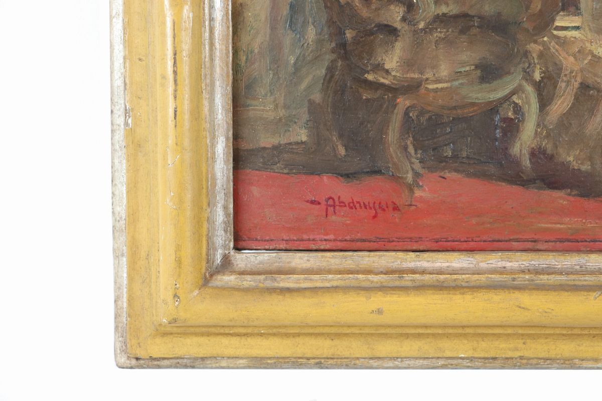 "Interno di salotto con ragazza". Firmato. Dipinto ad olio su tela