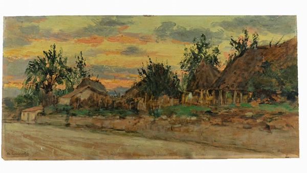 Antonio Cannata - &quot;Country road with peasant houses&quot;. Signed.