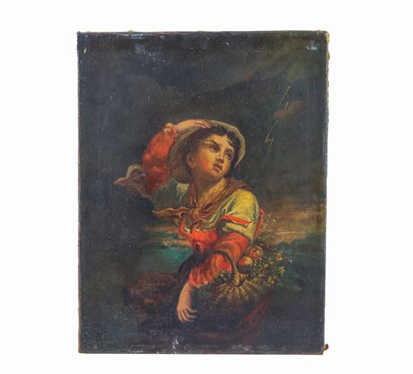 Pittore Napoletano XIX Secolo - "Contadina con cesto di frutta" antico piccolo dipinto ad olio su tela