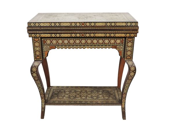 Antique oriental game table in walnut, ebony, ivory and mother of pearl