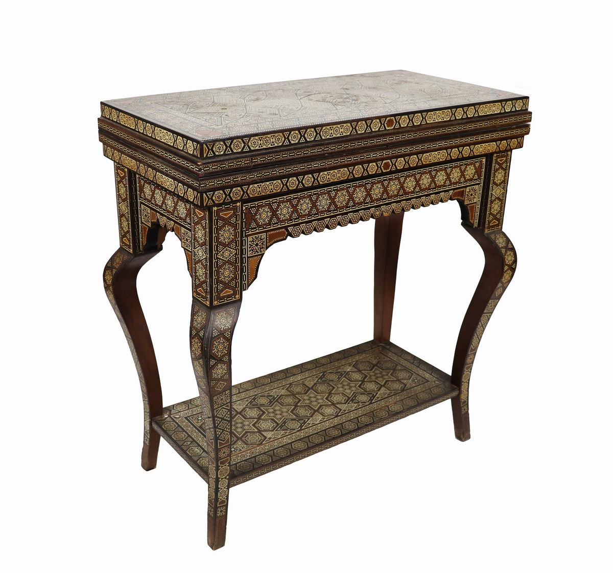 Antico tavolo da gioco orientale in noce, ebano, avorio e madreperla