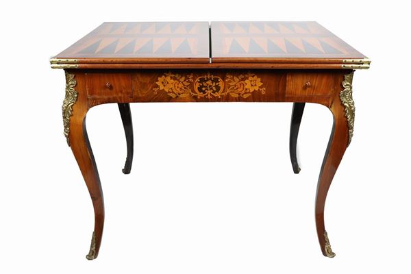 Antico tavolo da gioco francese Backgammon in noce
