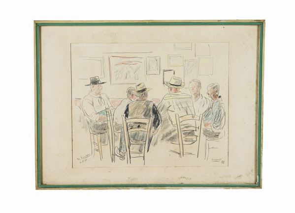 Pittore Italiano Inizio XX Secolo - "Amici all'osteria". Firmato, disegno a matita e carboncino su carta 
