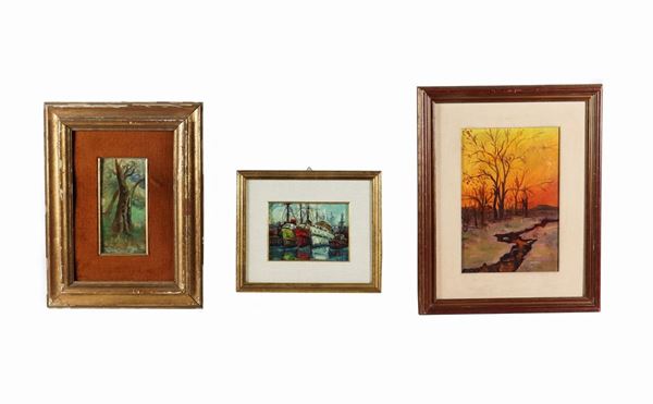 Arte Contemporanea - "Paesaggi con alberi" e "Scorcio di porto" lotto di tre piccoli dipinti ad olio