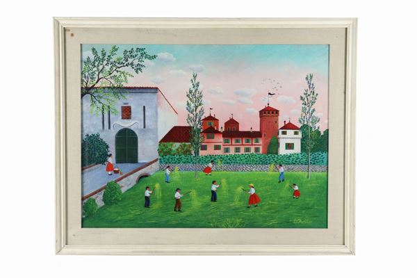 Arte Contemporanea Naif - "Castello con contadini" dipinto ad olio su tela