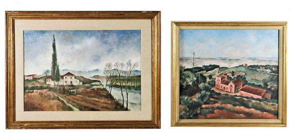 Arte Contemporanea - "Hill landscape" and "Landscape with cottage" lot of two oil paintings on canvas and plywood