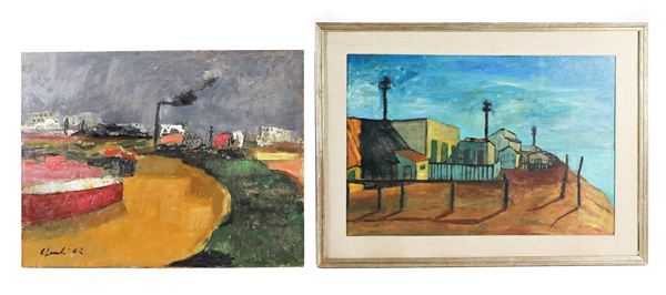 Arte Contemporanea - "Views of villages" lot of two oil paintings on masonite and plywood
