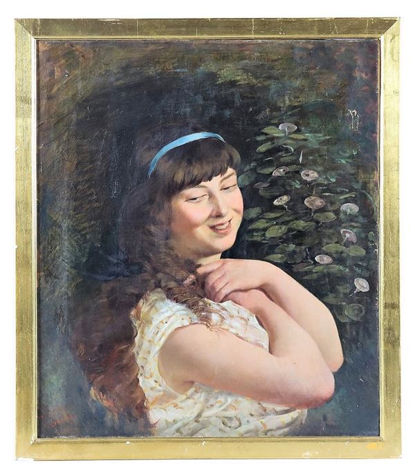 Pittore Italiano Epoca Liberty - "Smiling girl". Signed, oil painting on canvas