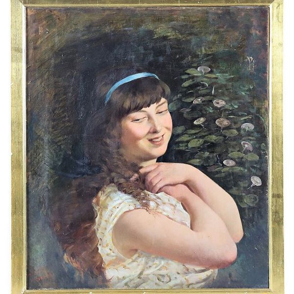 Pittore Italiano Epoca Liberty - "Ragazza sorridente". Firmato, dipinto ad olio su tela 