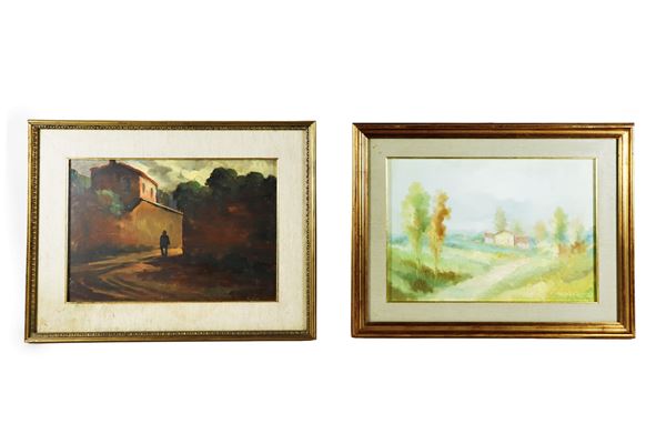 Scuola Italiana XX Secolo - Signed. "Appia Antica" and "Country landscape", lot of two oil paintings on masonite and canvas