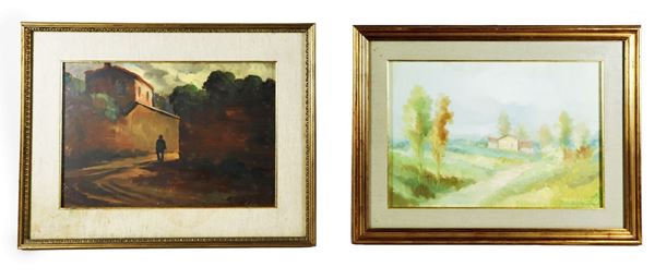 Scuola Italiana XX Secolo - Signed. "Appia Antica" and "Country landscape", lot of two oil paintings on masonite and canvas