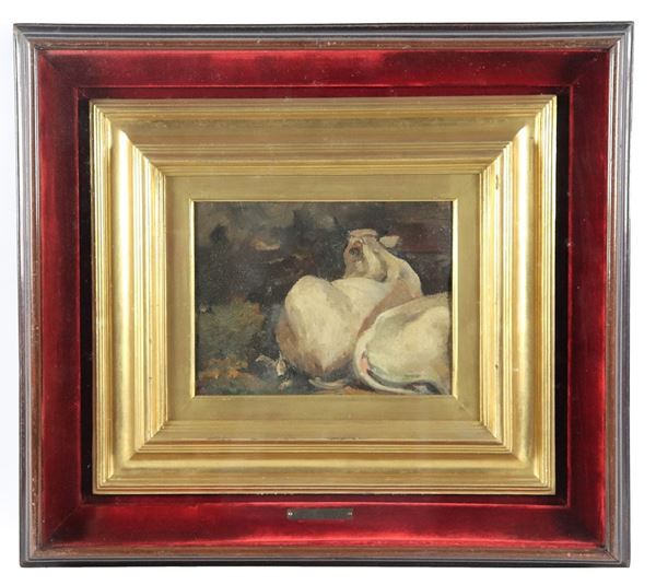 Pittore Toscano XIX Secolo - "Buoi nella stalla" piccolo dipinto ad olio su cartone