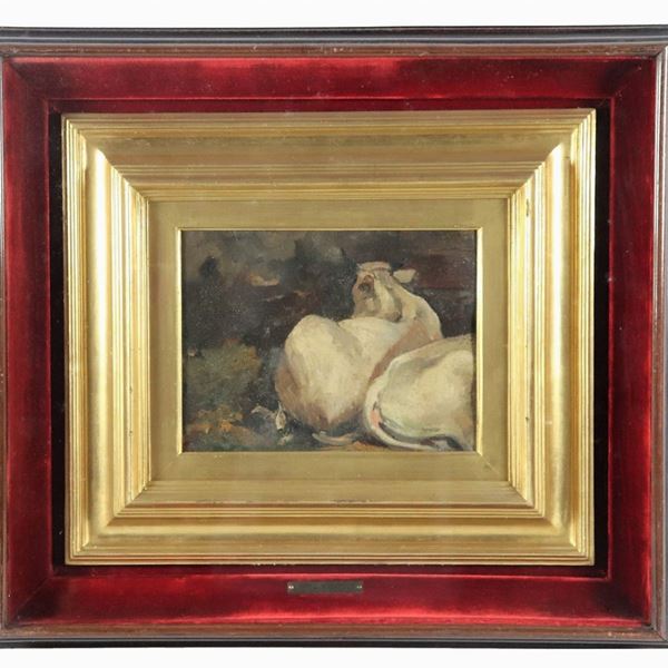 Pittore Toscano XIX Secolo - "Buoi nella stalla" piccolo dipinto ad olio su cartone