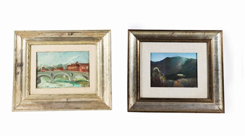 "Ponte Sisto e paesaggio di montagna" lotto di due piccoli dipinti ad olio