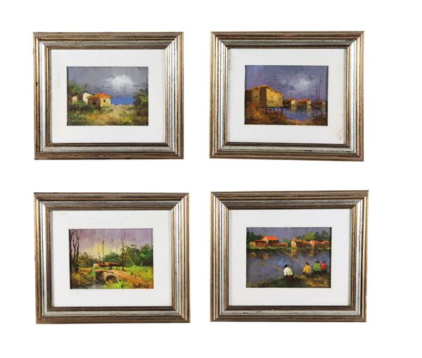 Adolfo Mastrovito artista pugliese del XX Secolo - "Marine and landscapes". Signed, lot of four small oil paintings on canvas