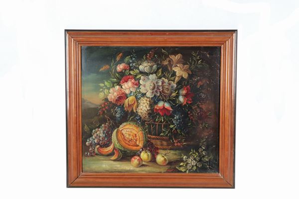 Pittore Italiano Inizio XX Secolo - "Natura morta di fiori e frutta". Firmato, dipinto ad olio su tavoletta