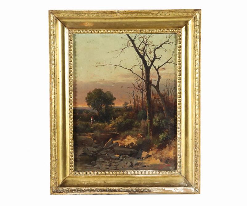 "Paesaggio campestre con contadina". Firmato, dipinto ad olio su tela