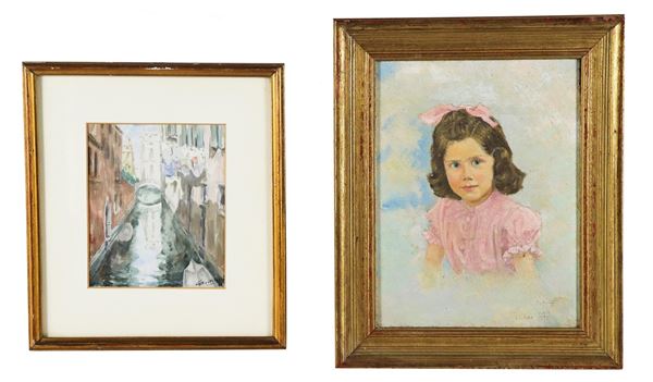 Scuola Italiana Inizio XX Secolo - Signed. "Portrait of a little girl" and "Calle a Venezia", lot of a small oil painting on tablet and a small watercolor on paper