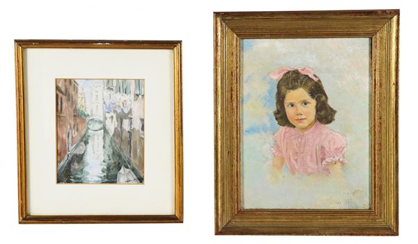Scuola Italiana Inizio XX Secolo - Firmati. "Ritratto di bimba" e "Calle a Venezia", lotto di un piccolo dipinto ad olio su tavoletta e un piccolo acquarello su carta