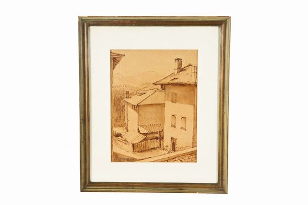 Giuseppe Ghiringhelli - "Glimpse of houses". Signed, ink and pencil drawing on paper