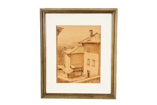 Giuseppe Ghiringhelli - "Scorcio di case". Firmato, disegno a china e matita su carta