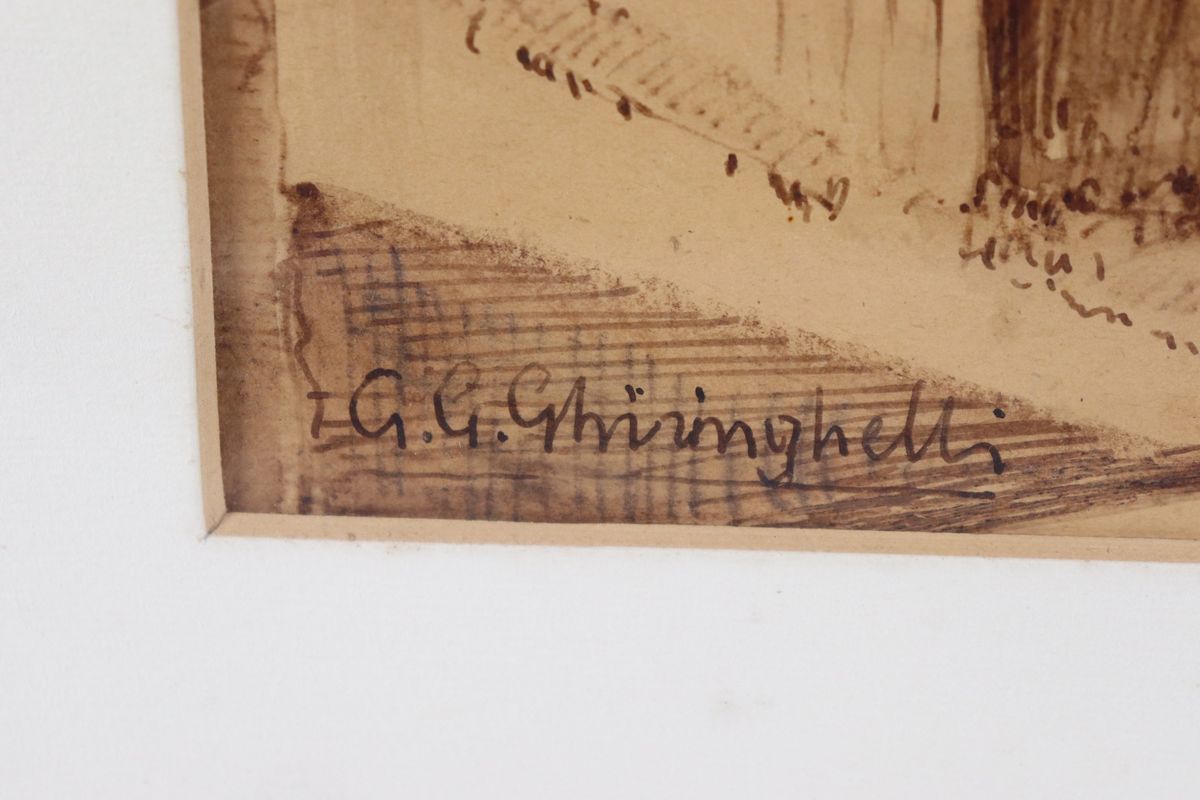 "Scorcio di case". Firmato, disegno a china e matita su carta