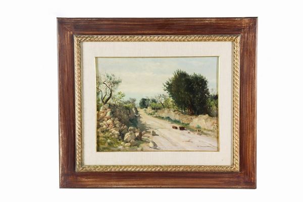 Pittore Italiano Inizio XX Secolo - "Strada di campagna pugliese". Firmato, dipinto ad olio su tavoletta