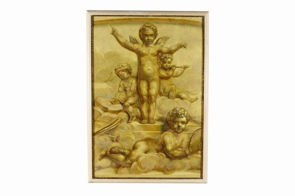 Pannello dipinto su masonite "Allegoria di putti"