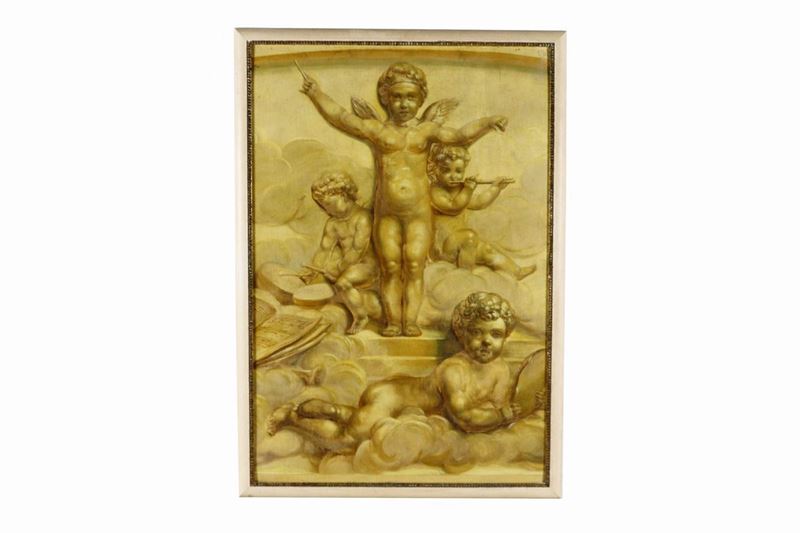 Pannello dipinto su masonite "Allegoria di putti"