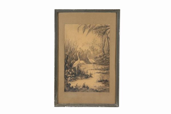 Artista Italiano Epoca Liberty - "Swamp with storks" charcoal drawing on paper