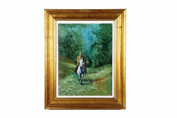 Pittore Italiano Inizio XX Secolo - "Buttero nella macchia". Firmato, dipinto ad olio su tela
