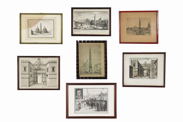 Lot of seven small prints "Views of Piazza del Popolo"