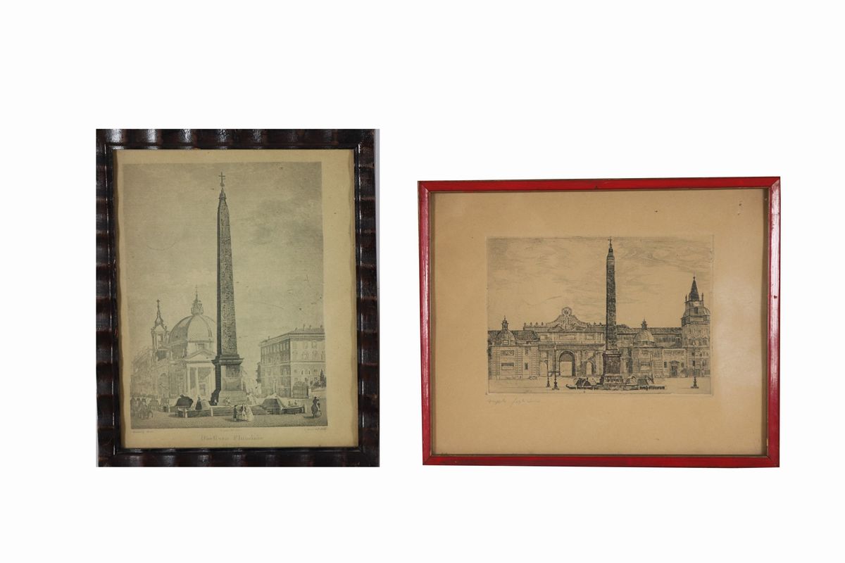 Lotto di sette piccole stampe "Vedute di Piazza del Popolo"