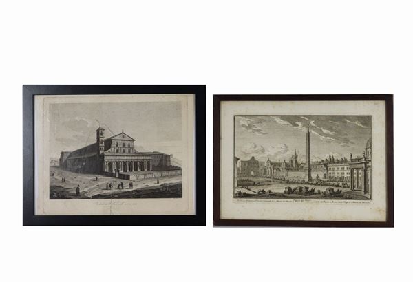 Lot of two antique small prints "Papal procession in Piazza del Popolo and the Basilica of San Paolo"