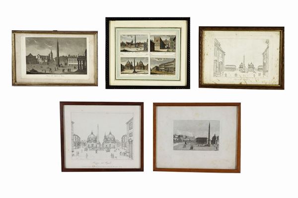 Lot of five small prints "Views of Piazza del Popolo"