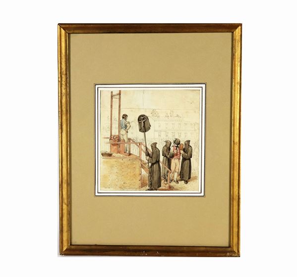 Antico piccolo disegno a china e acquarello "La ghigliottina a Piazza del Popolo"