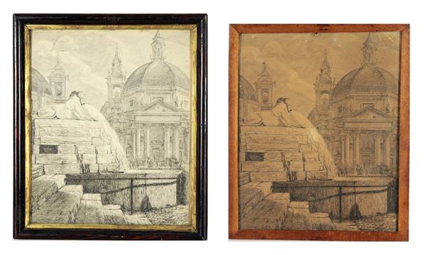 Lot of two small prints "Glimpses of Piazza del Popolo"