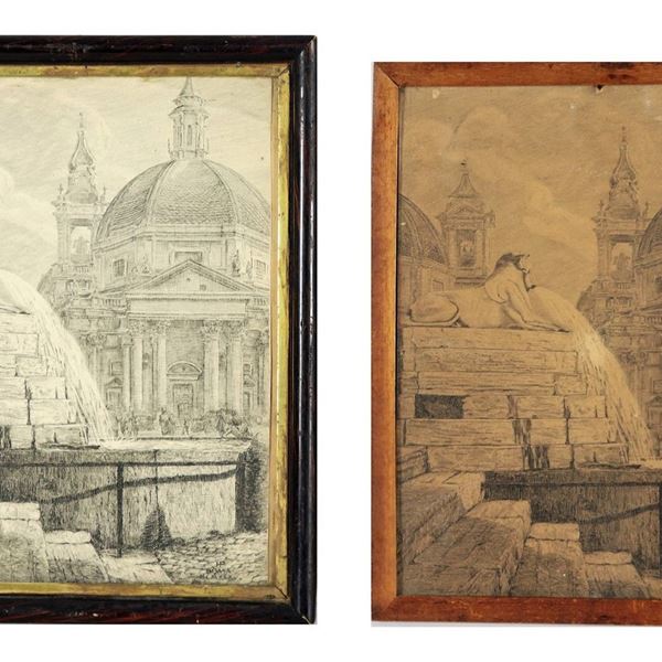 Lot of two small prints "Glimpses of Piazza del Popolo"