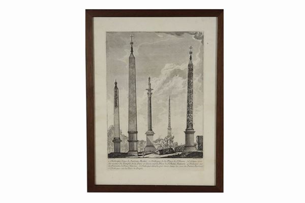 Antique print "The obelisks in the squares of Rome"