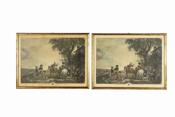 Coppia di piccole stampe colorate "Il mercato delle lepri"