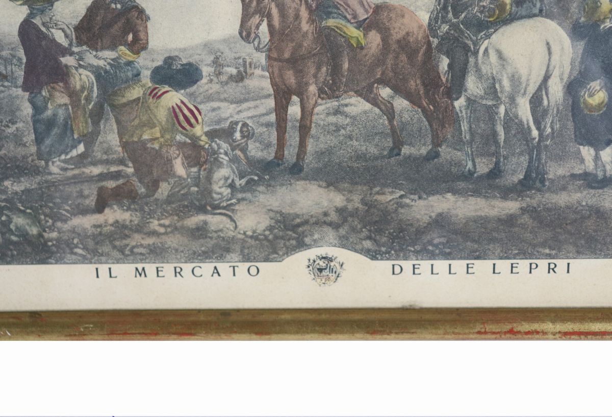 Coppia di piccole stampe colorate "Il mercato delle lepri"