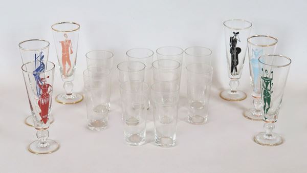 Lot of six flutes and ten tall crystal glasses