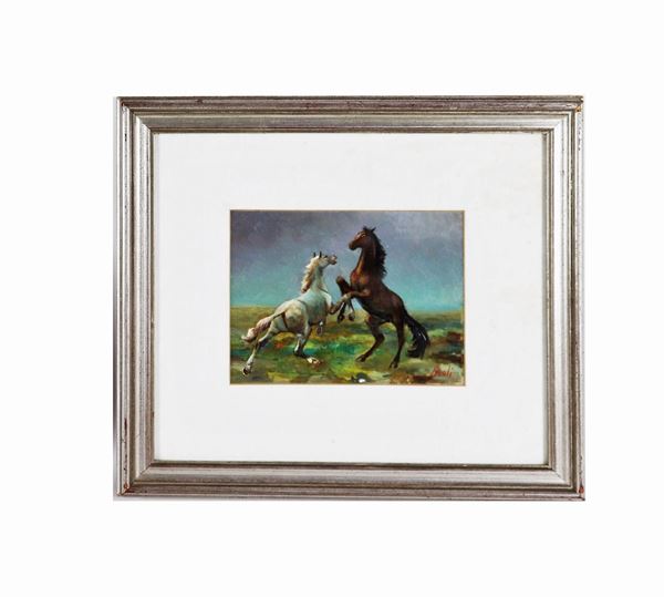 Pittore Italiano XX Secolo - "Foals". Signed Siroli, small oil painting on canvas applied to cardboard