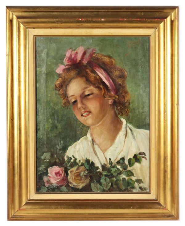 Scuola Napoletana XIX Secolo - "Portrait of a girl with roses" oil painting on canvas
