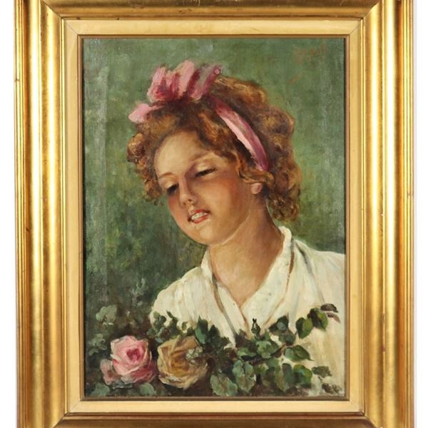 Scuola Napoletana XIX Secolo - "Ritratto di ragazza con rose" dipinto ad olio su tela