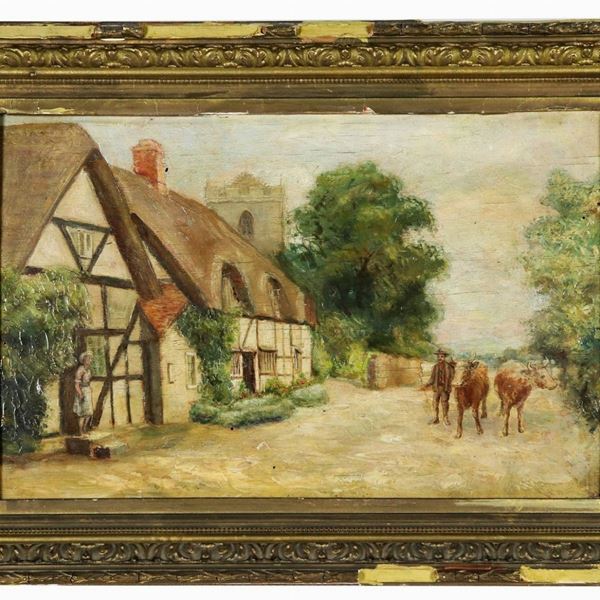 Scuola Francese Fine XIX Secolo - "Veduta di villaggio con contadina, pastore e mucche", piccolo dipinto ad olio su compensato
